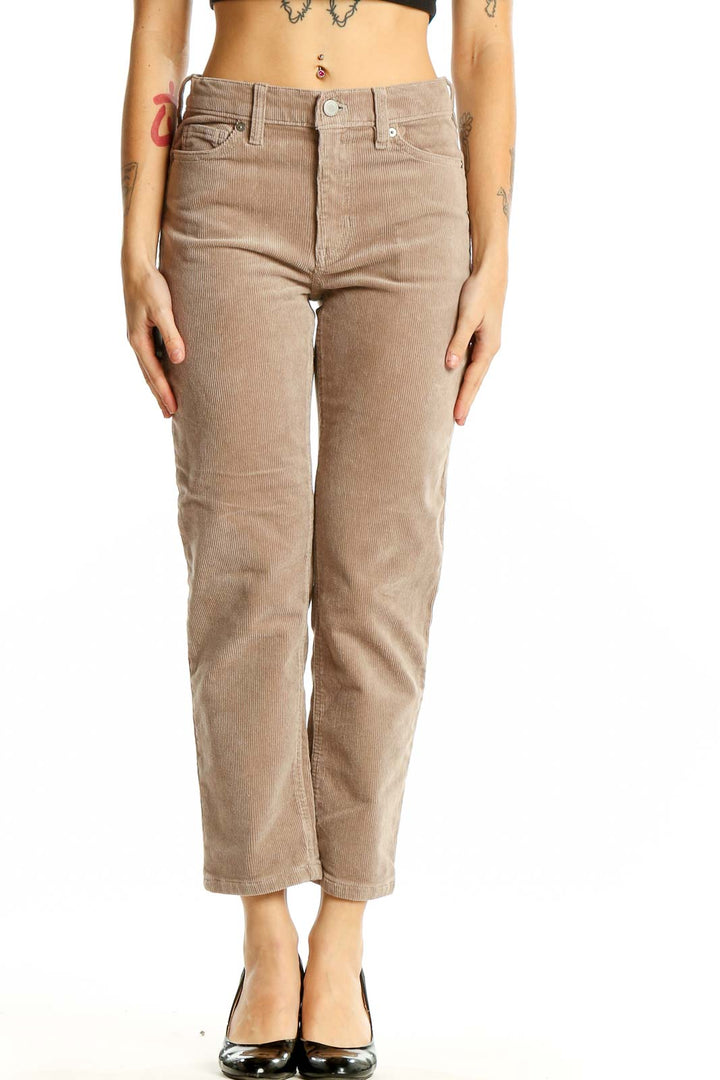 Front view of Banana Republic beige straight-leg pants on model