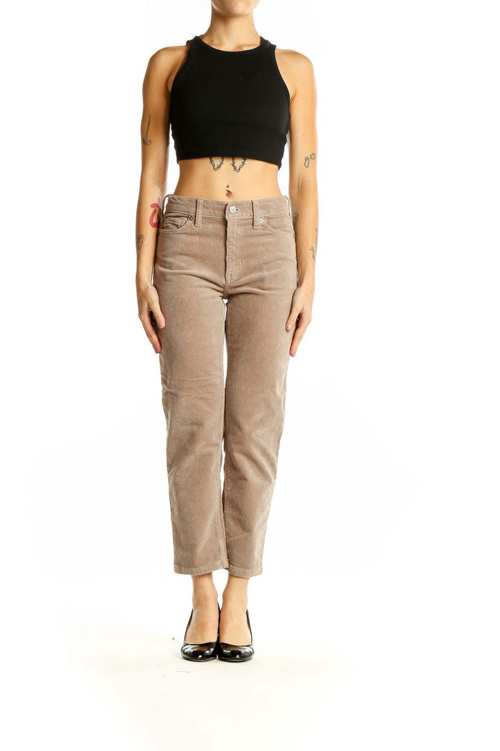 Front view of Banana Republic beige straight-leg pants on model