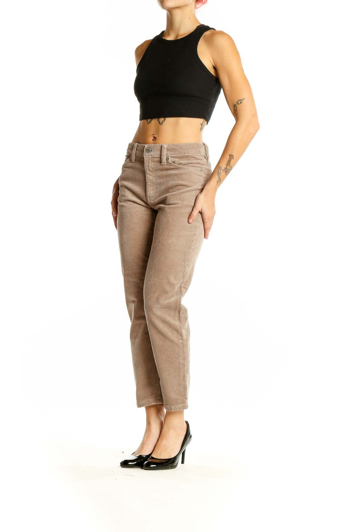 Front view of Banana Republic beige straight-leg pants on model