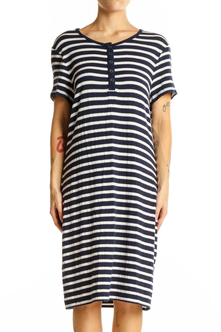 Front view of Brooks Brothers navy and white striped henley dress