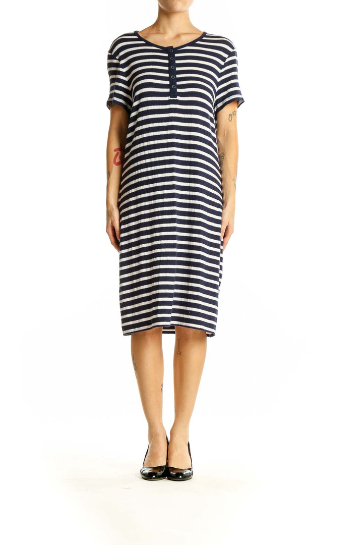 Front view of Brooks Brothers navy and white striped henley dress