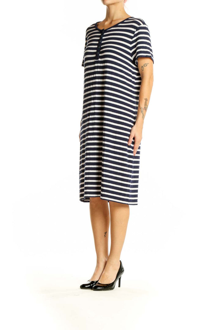 Front view of Brooks Brothers navy and white striped henley dress