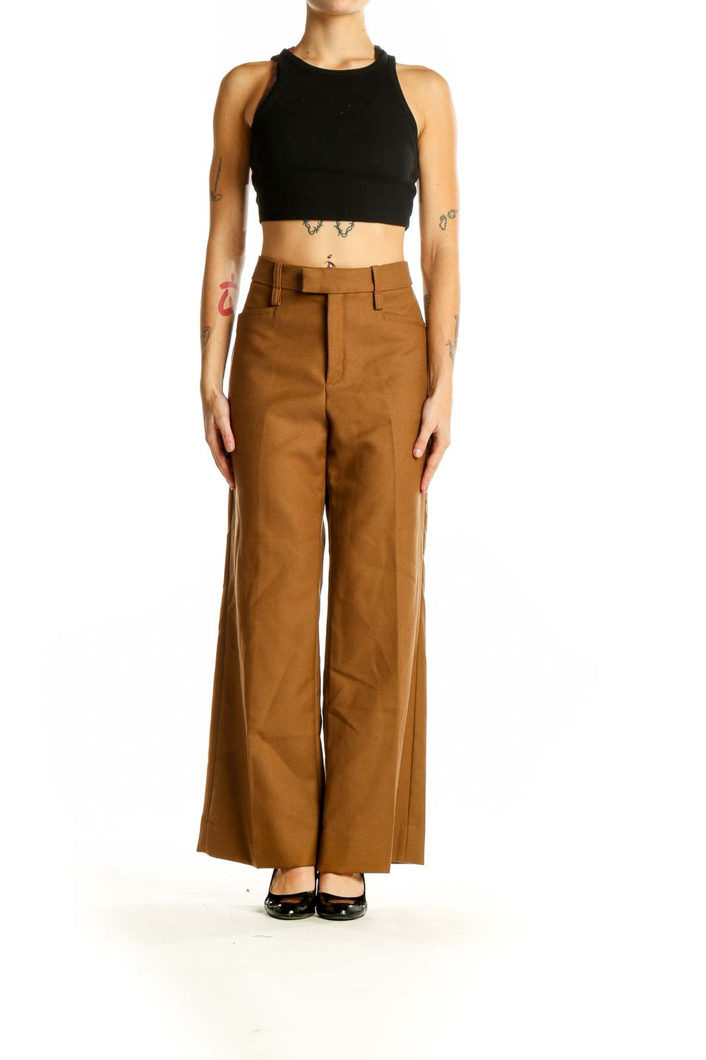 Front view of Banana Republic brown wool wide-leg trousers on model