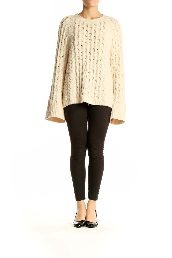 Front view of J.Crew cream cable knit sweater with crewneck