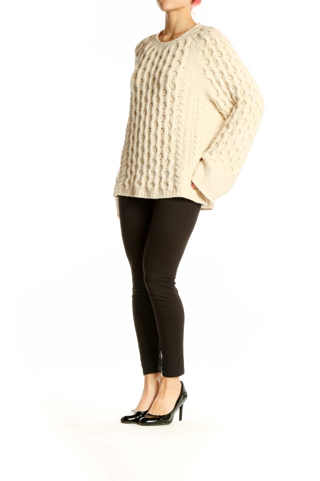 Front view of J.Crew cream cable knit sweater with crewneck