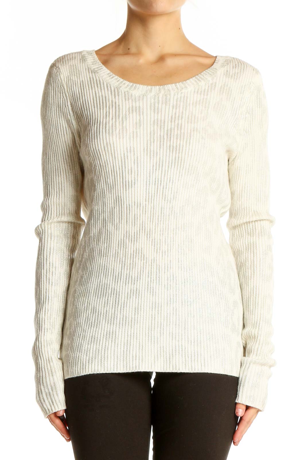 Front view of cream ribbed long sleeve sweater by Saks Fifth Avenue