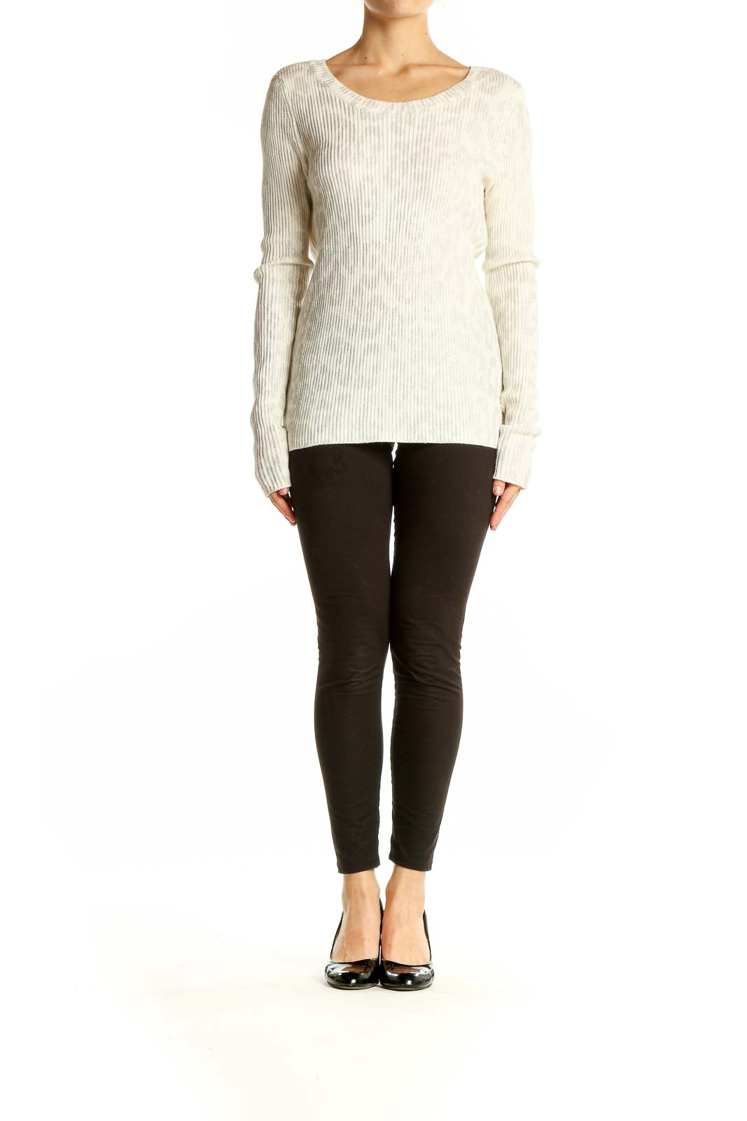 Front view of cream ribbed long sleeve sweater by Saks Fifth Avenue