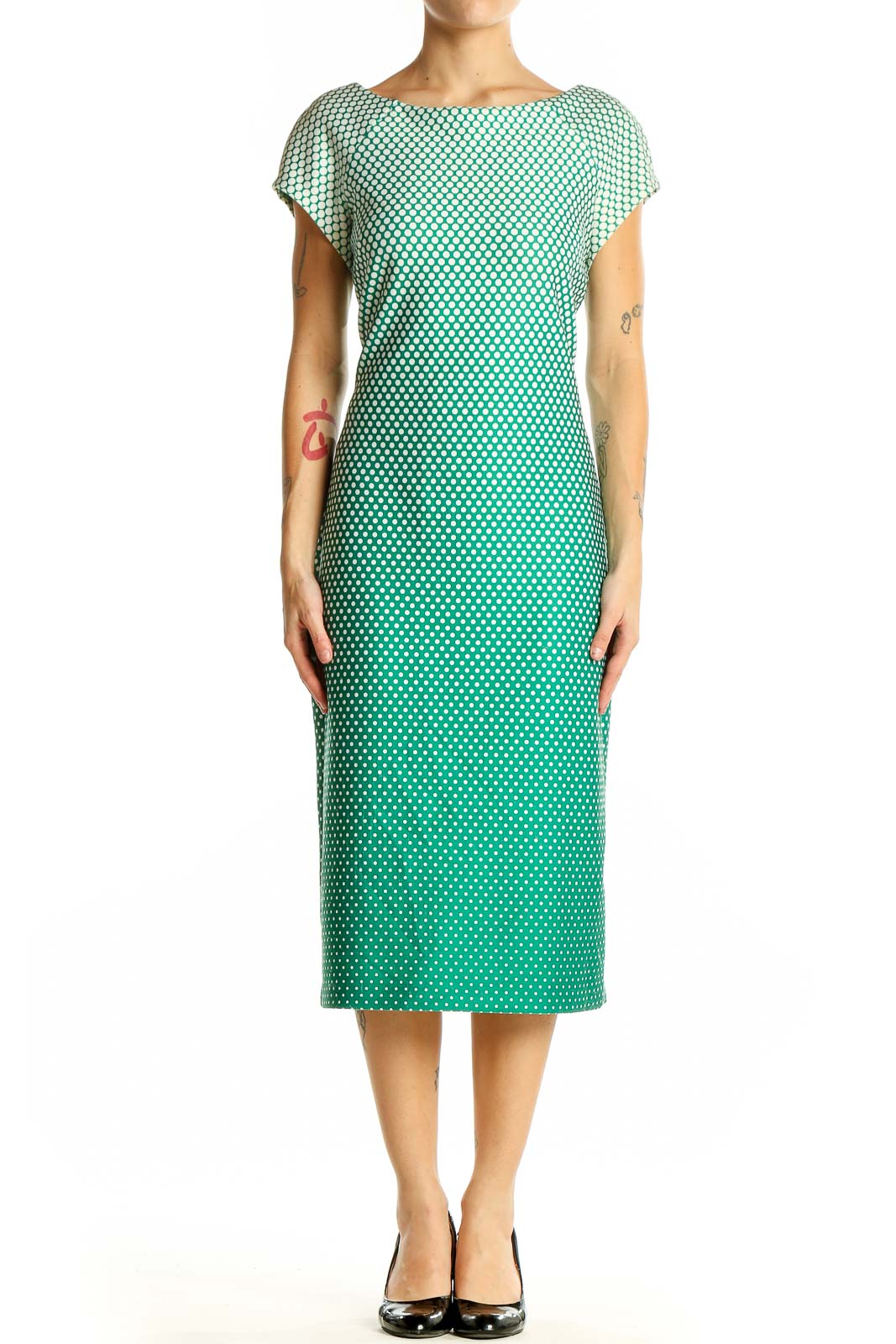 Front view of SAMI+DANI green ombre polka dot midi dress with flutter sleeves