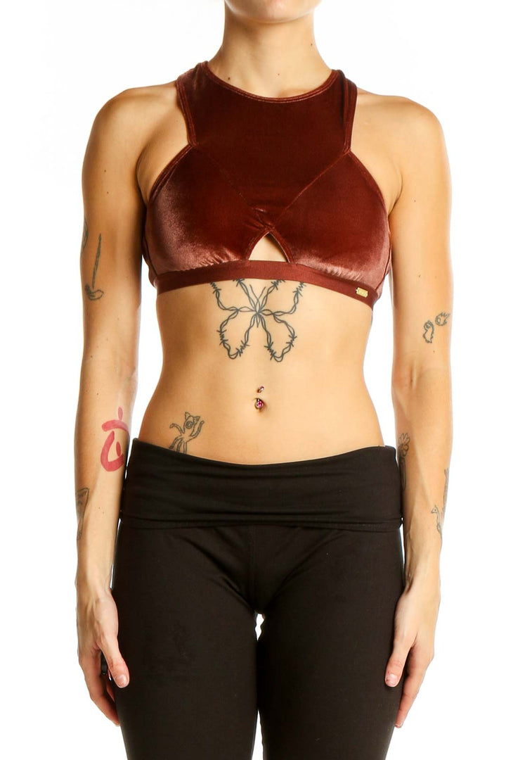 Front view of burgundy velvet Roxy crop top with high neck and chest cutout