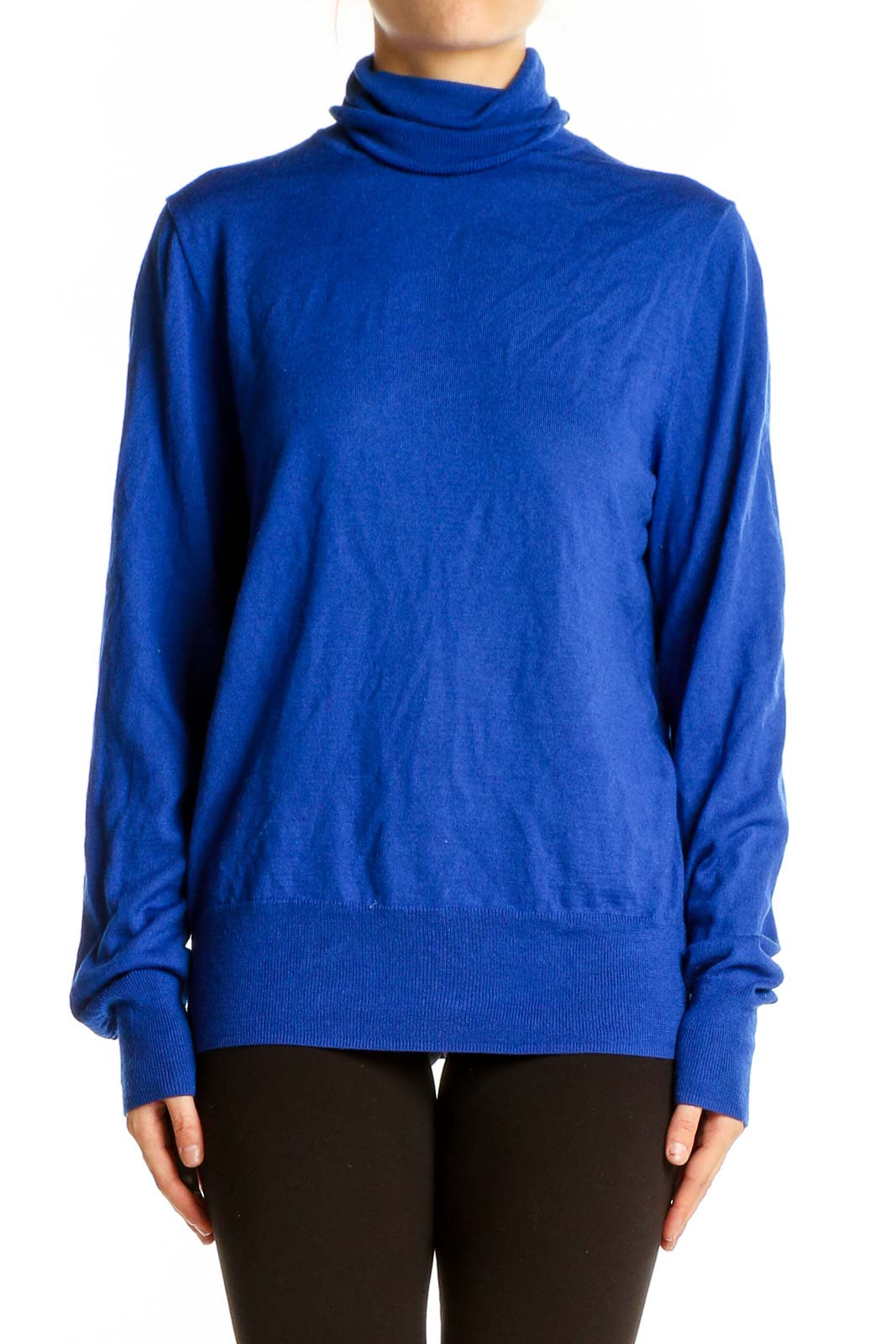 Front view of J.Crew royal blue turtleneck sweater