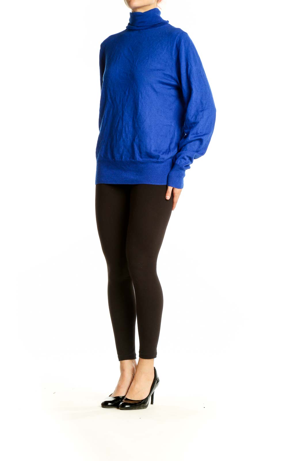 Front view of J.Crew royal blue turtleneck sweater