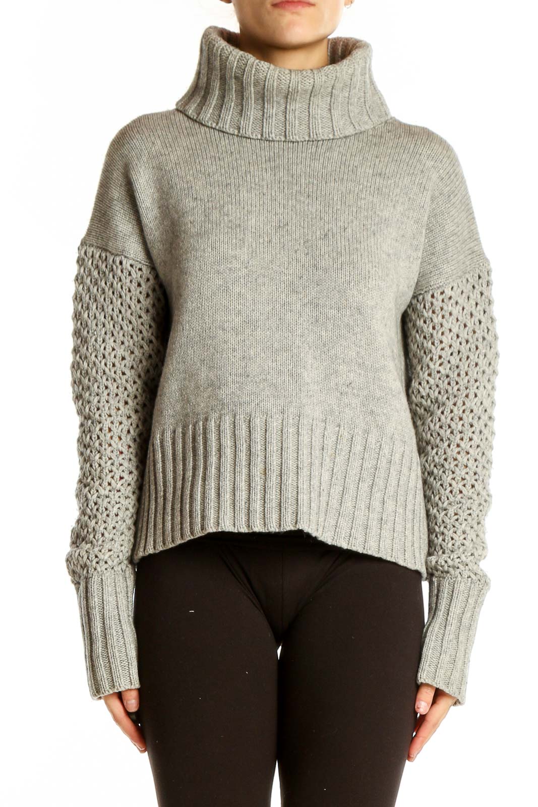 Front view of gray cashmere blend turtleneck sweater with ribbed collar and hem