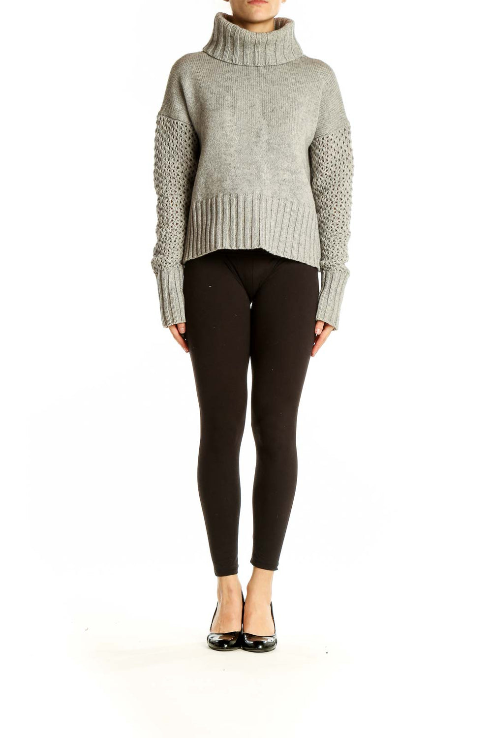 Front view of gray cashmere blend turtleneck sweater with ribbed collar and hem