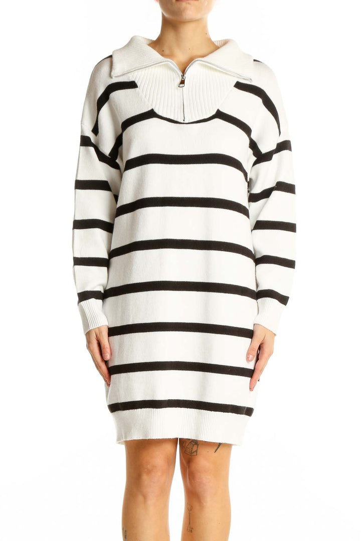 Front view of White and Black Striped Knit Sweater Dress by SilkRoll