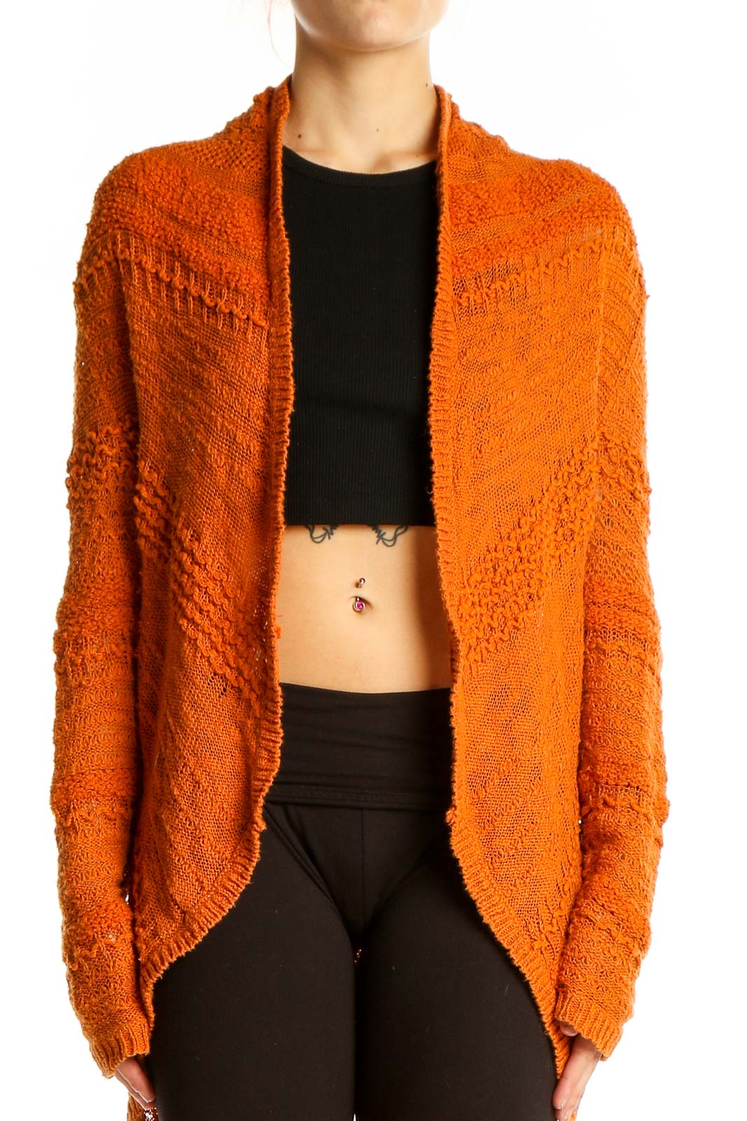 Front view of orange textured knit open cardigan by KNITTED & KNOTTED