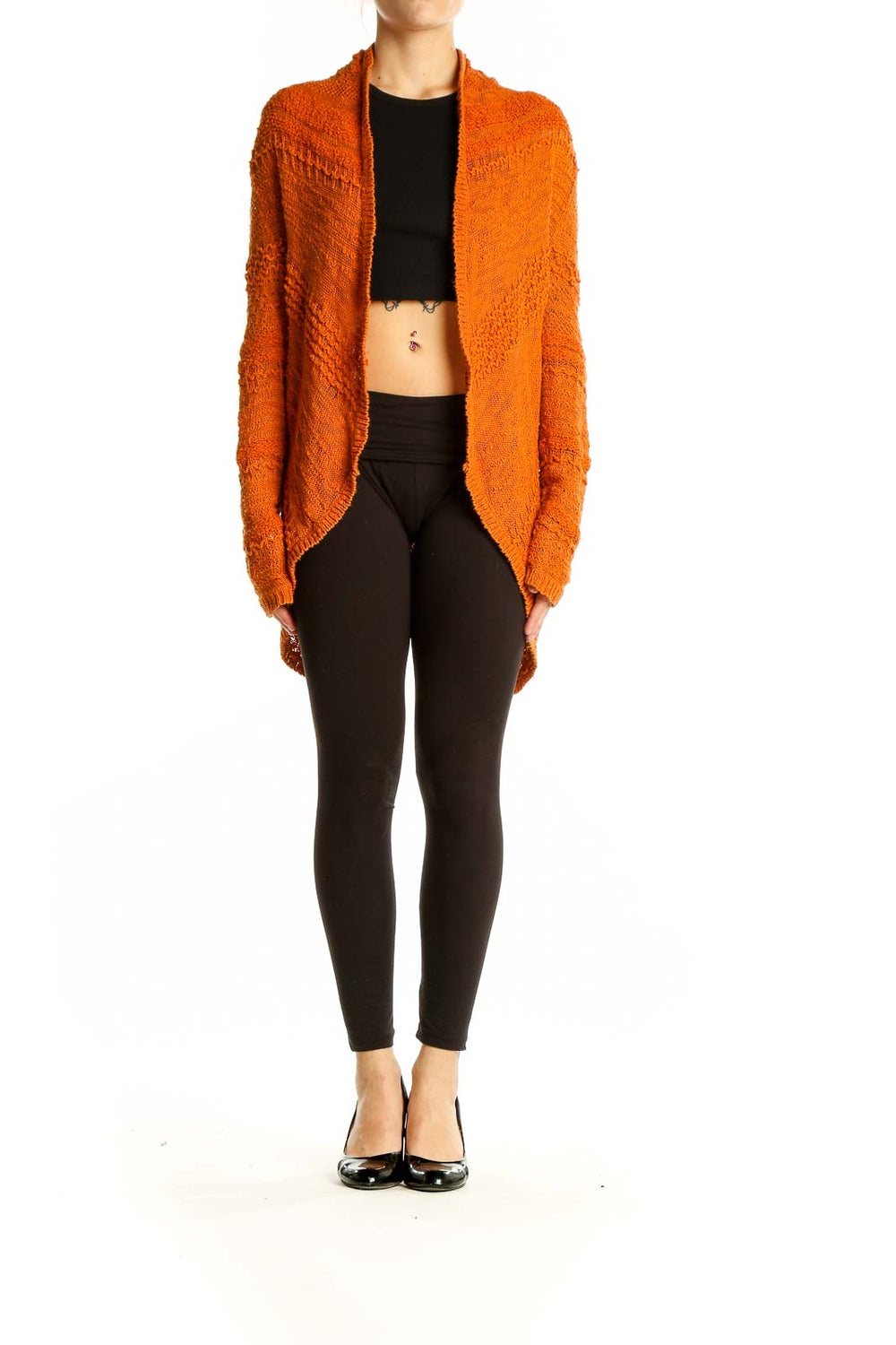 Front view of orange textured knit open cardigan by KNITTED & KNOTTED