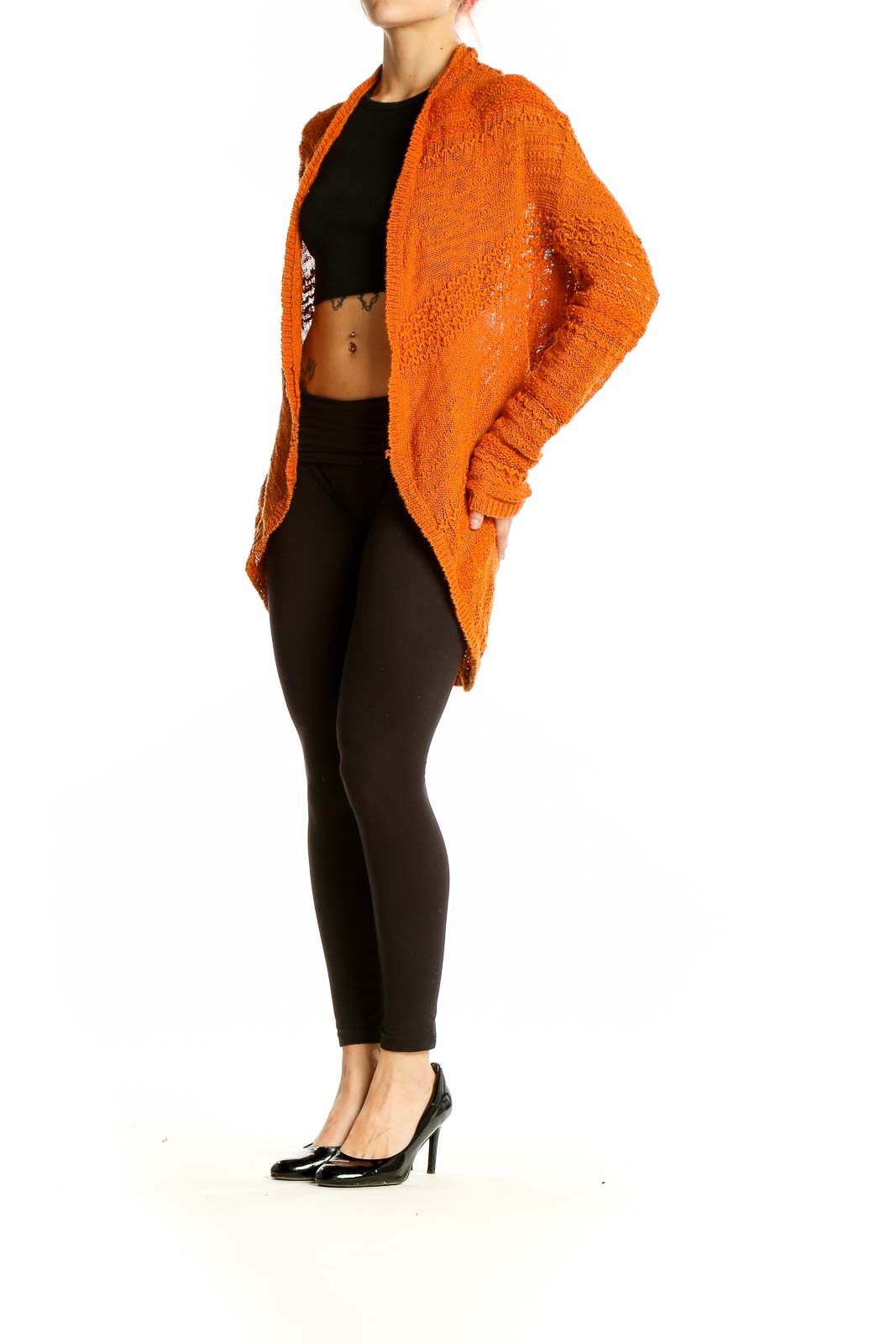 Front view of orange textured knit open cardigan by KNITTED & KNOTTED