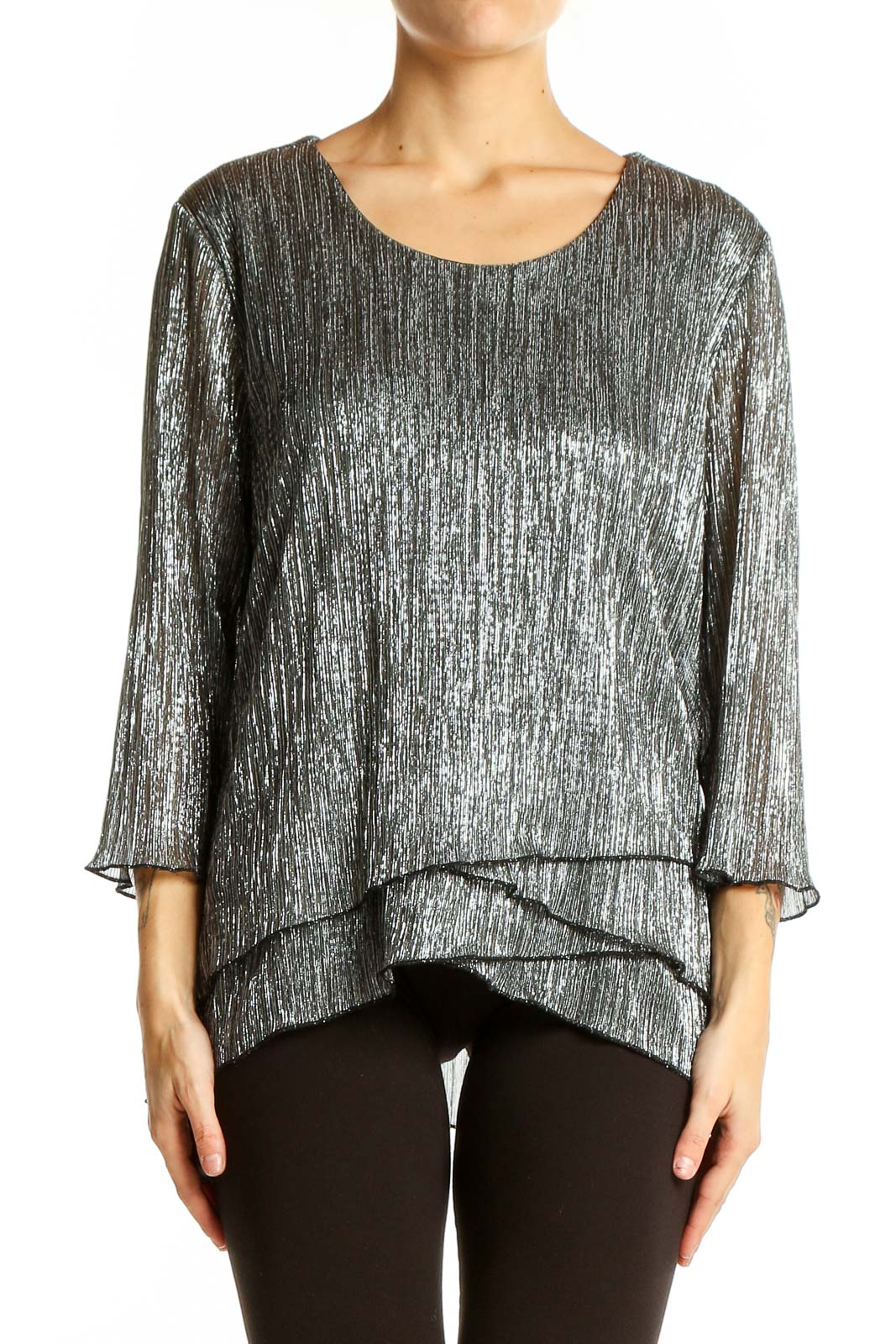 Front view of silver metallic layered blouse by Christopher & Banks