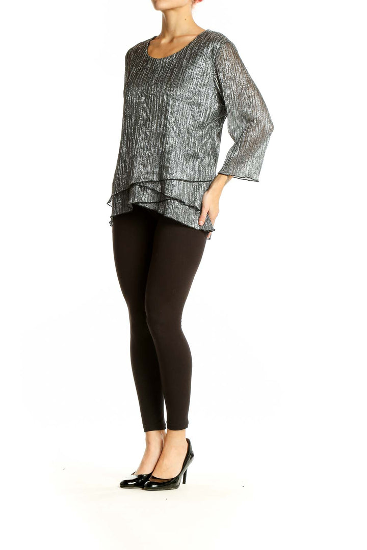 Front view of silver metallic layered blouse by Christopher & Banks