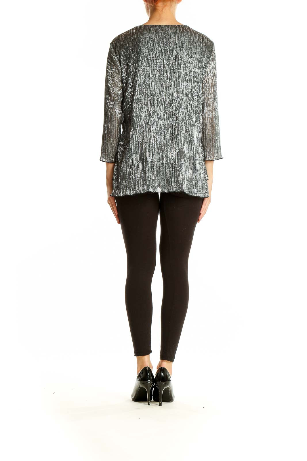 Side view of silver metallic layered blouse by Christopher & Banks on model