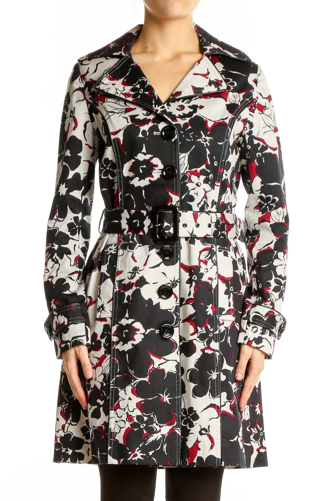 Front view of Vertigo Paris Black Floral Print Trench Coat on model