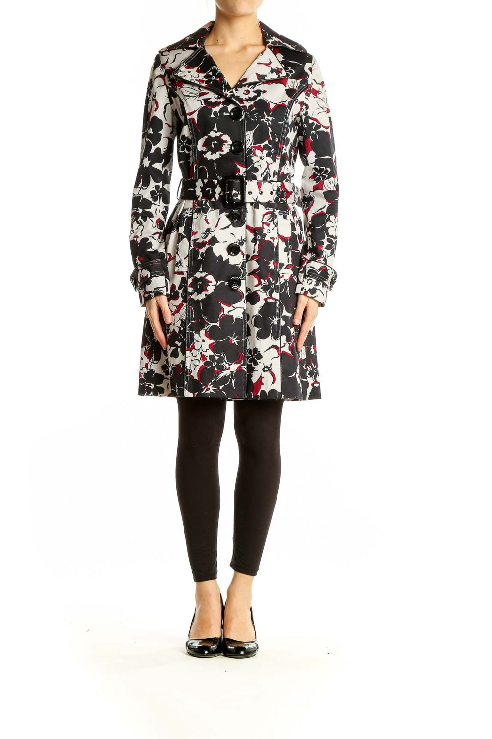 Front view of Vertigo Paris Black Floral Print Trench Coat on model