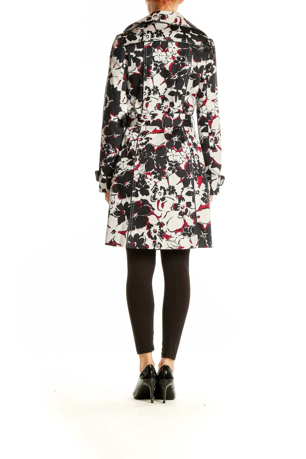 Back view of Vertigo Paris Black Floral Print Trench Coat on model