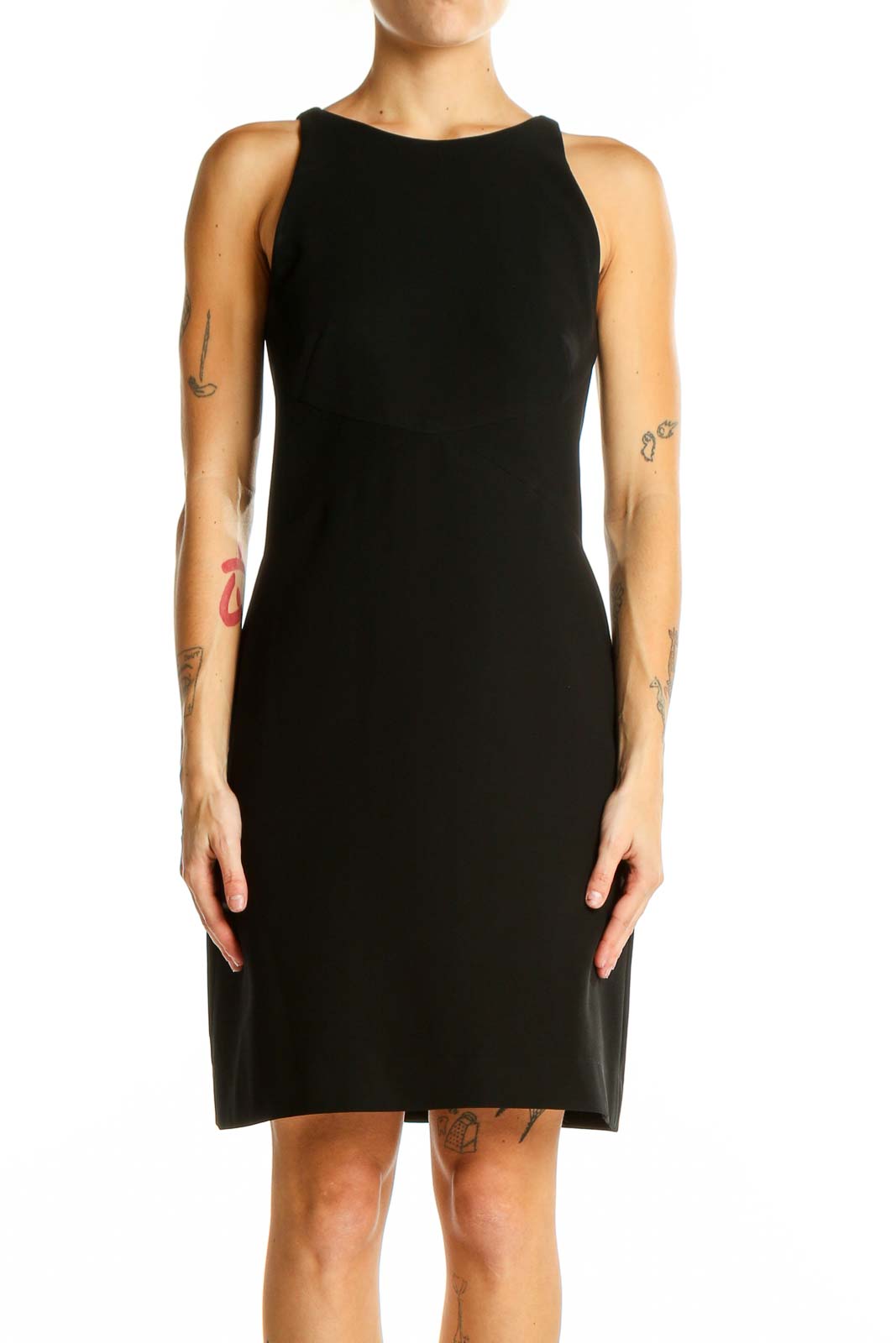 Front view of Ann Taylor black sleeveless cocktail dress