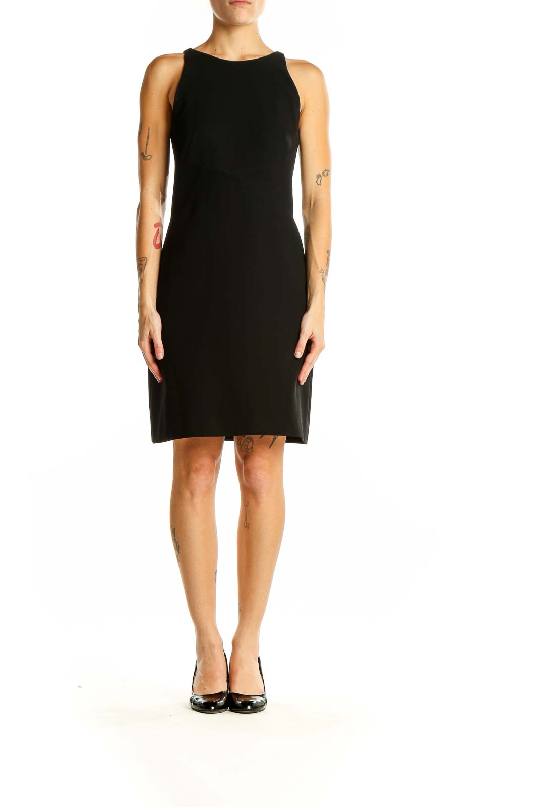 Front view of Ann Taylor black sleeveless cocktail dress