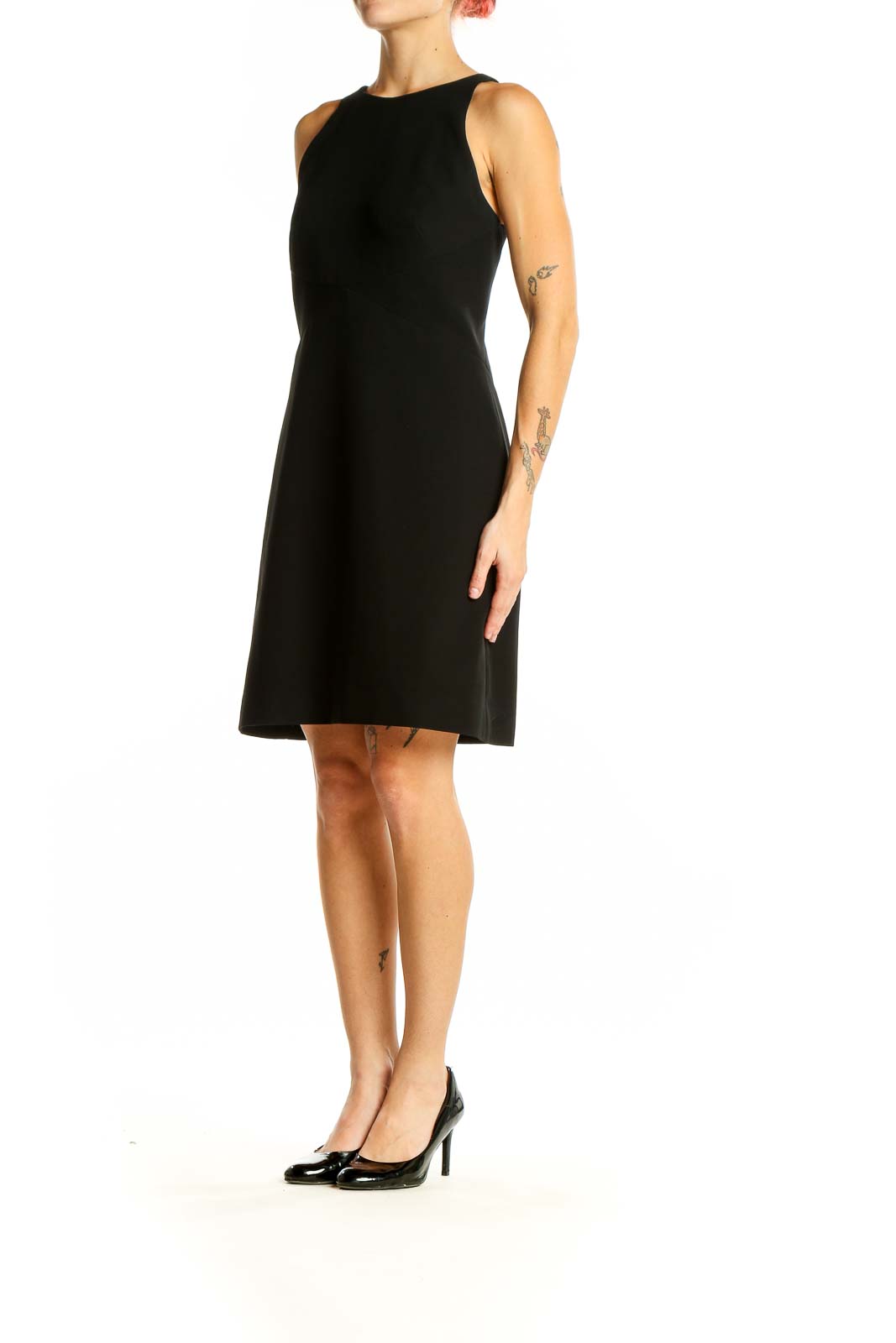 Front view of Ann Taylor black sleeveless cocktail dress