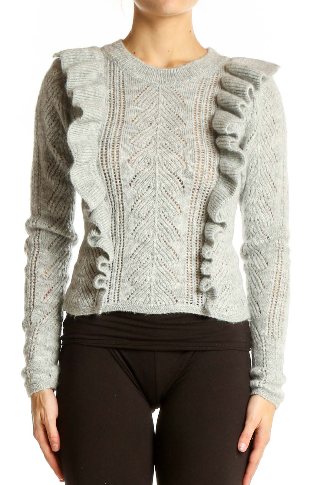 Front view of gray ruffled knit sweater from Topshop