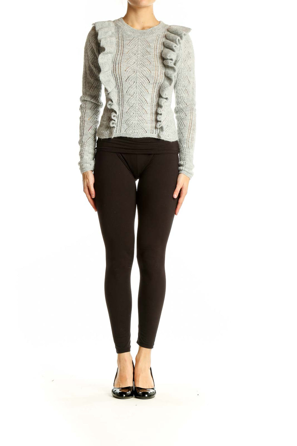 Front view of gray ruffled knit sweater from Topshop