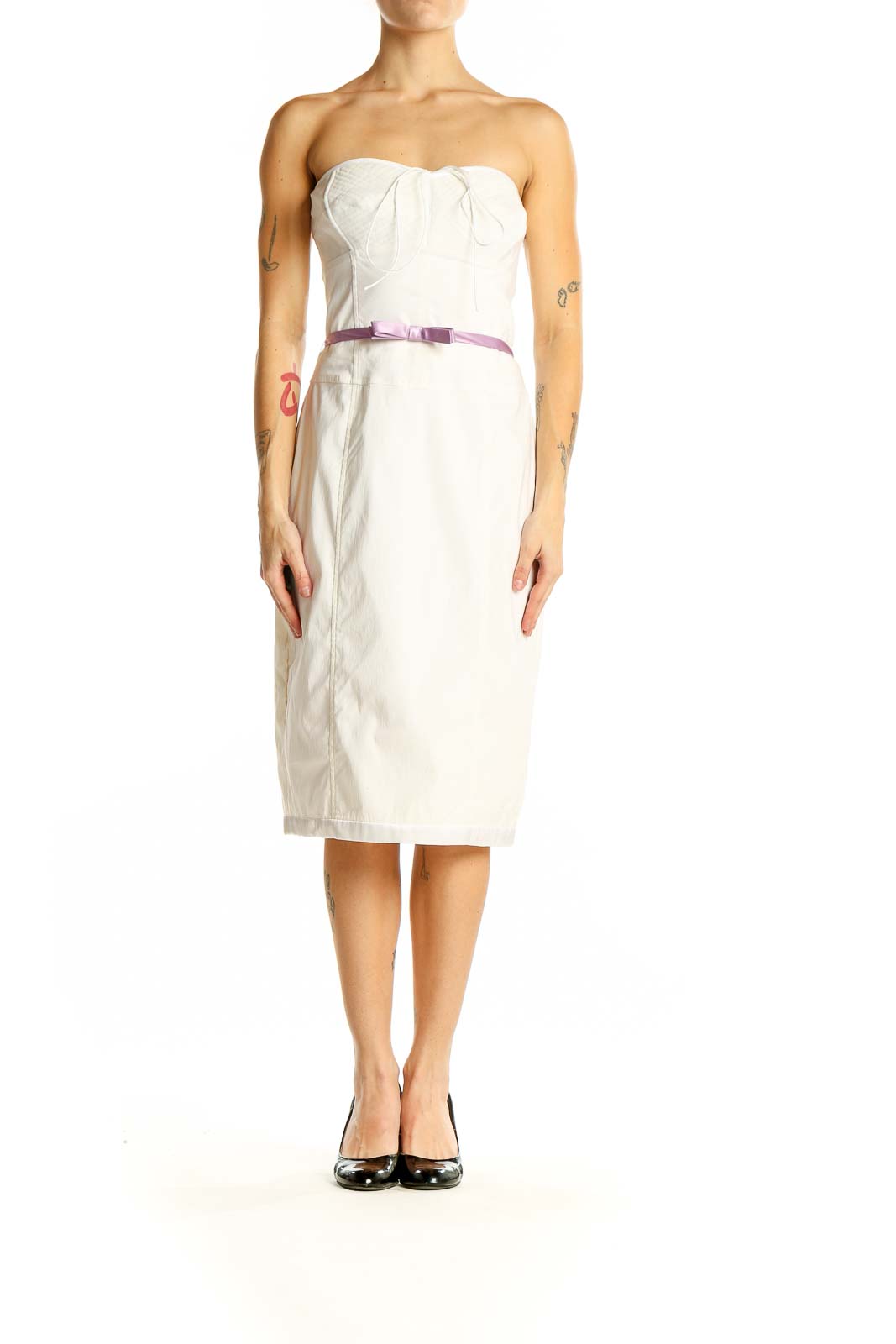 Front view of white strapless bodycon midi dress with lilac bow belt