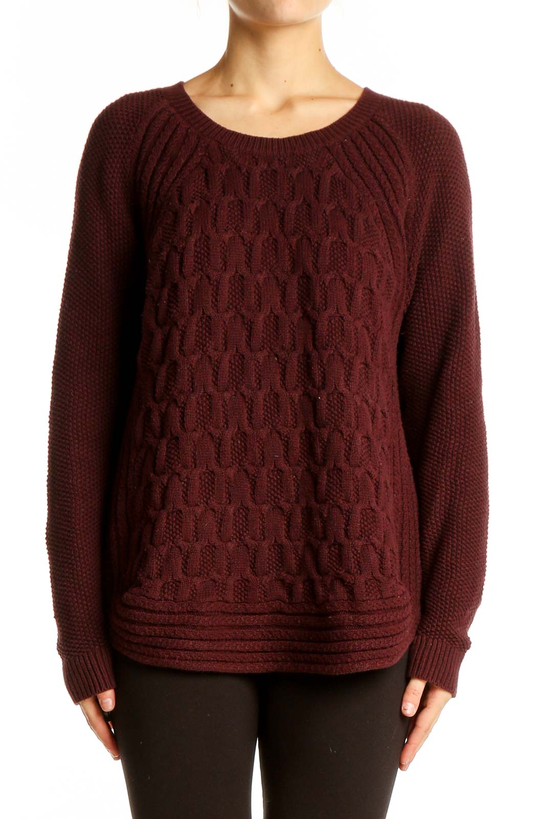 Front view of burgundy cable knit sweater with raglan sleeves