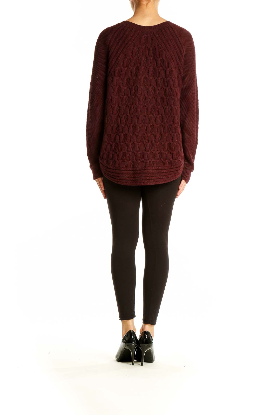 Back view of burgundy cable knit sweater showing relaxed fit