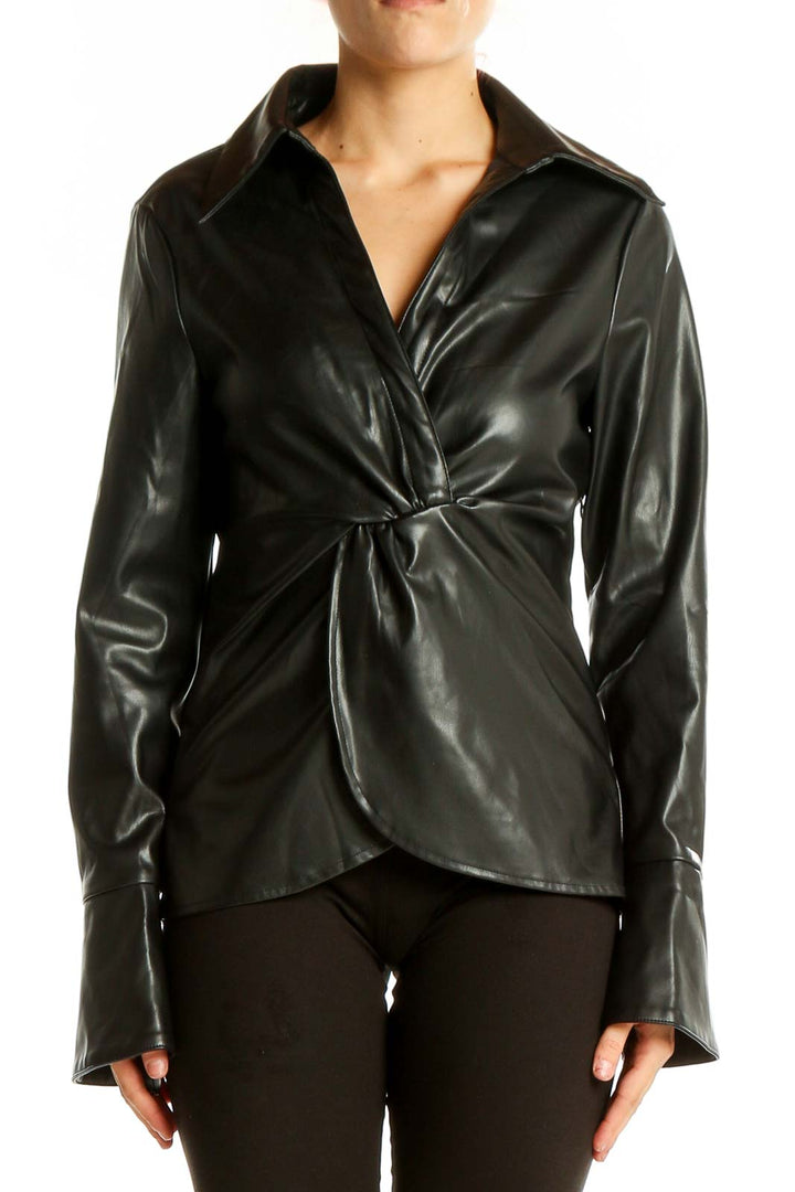 Front view of Six Fifty Black Faux Leather Wrap Top on model