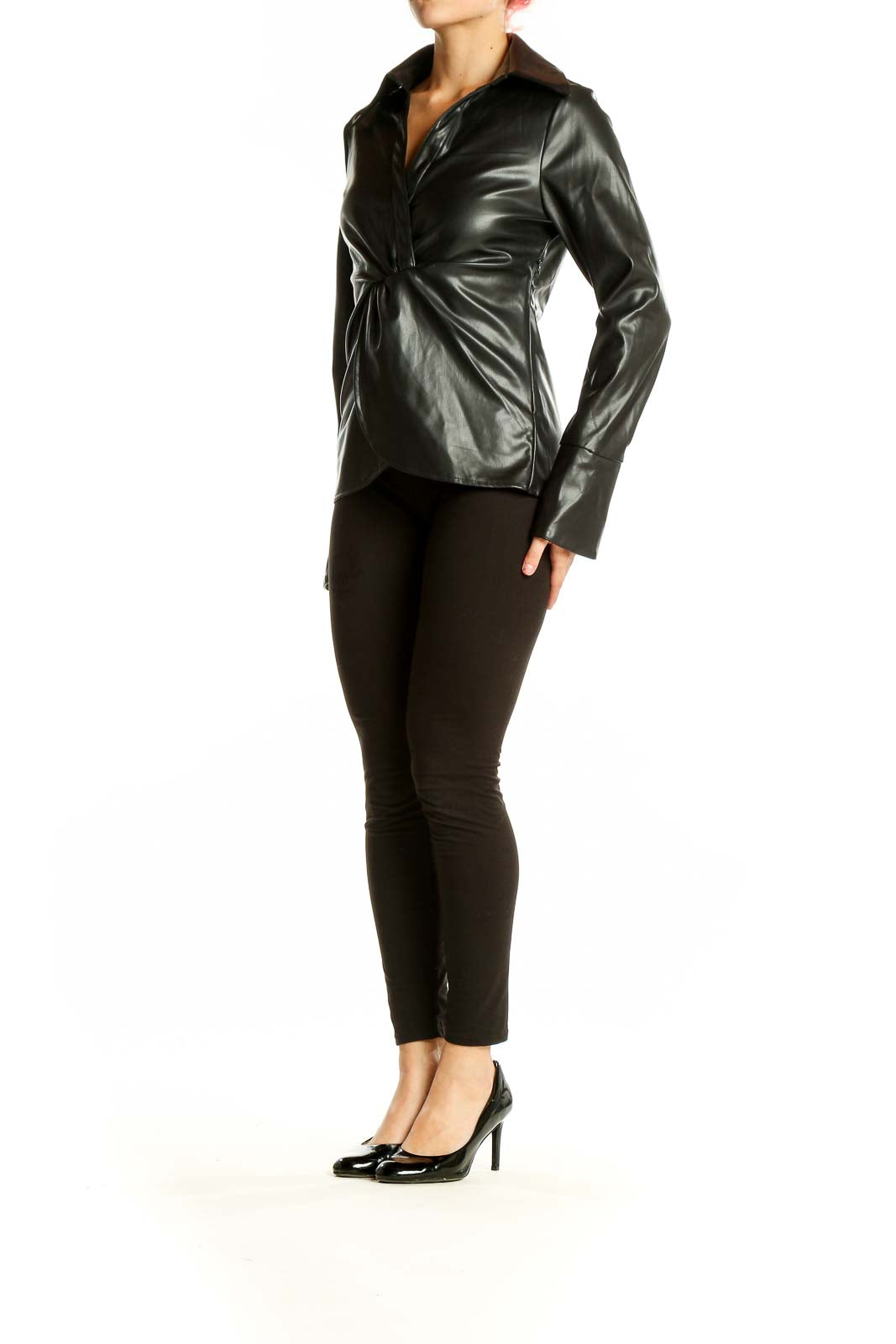 Front view of Six Fifty Black Faux Leather Wrap Top on model