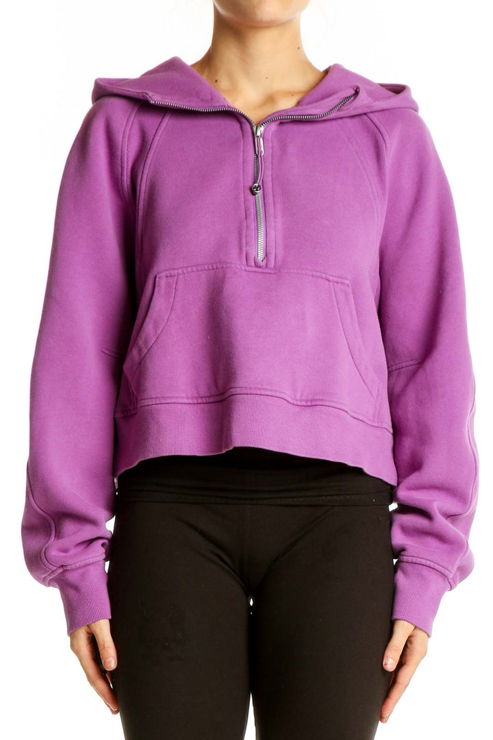 Front view of purple Lululemon cropped zip-up hoodie with hood and kangaroo pocket