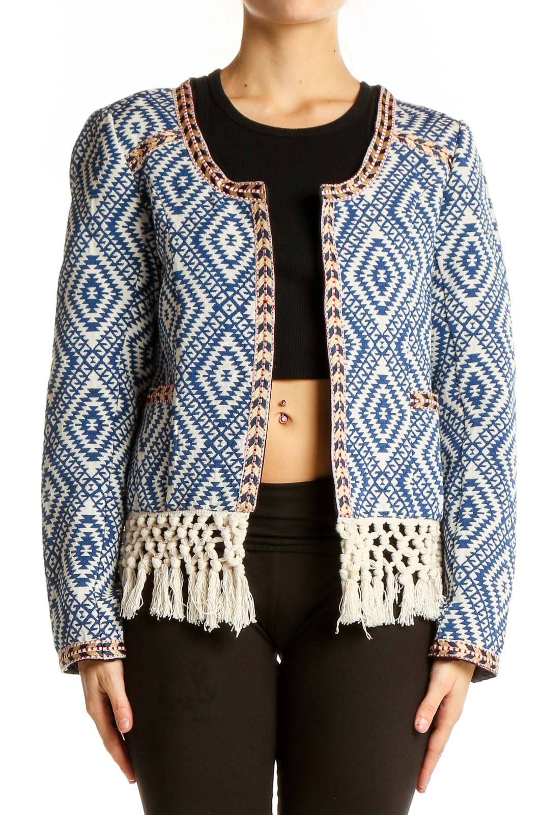 Front view of Tularosa blue geometric pattern jacket with fringe hem