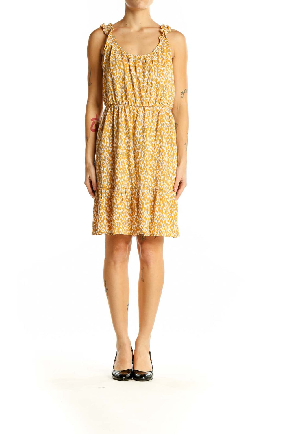 Front view of Banana Republic yellow floral sleeveless summer dress