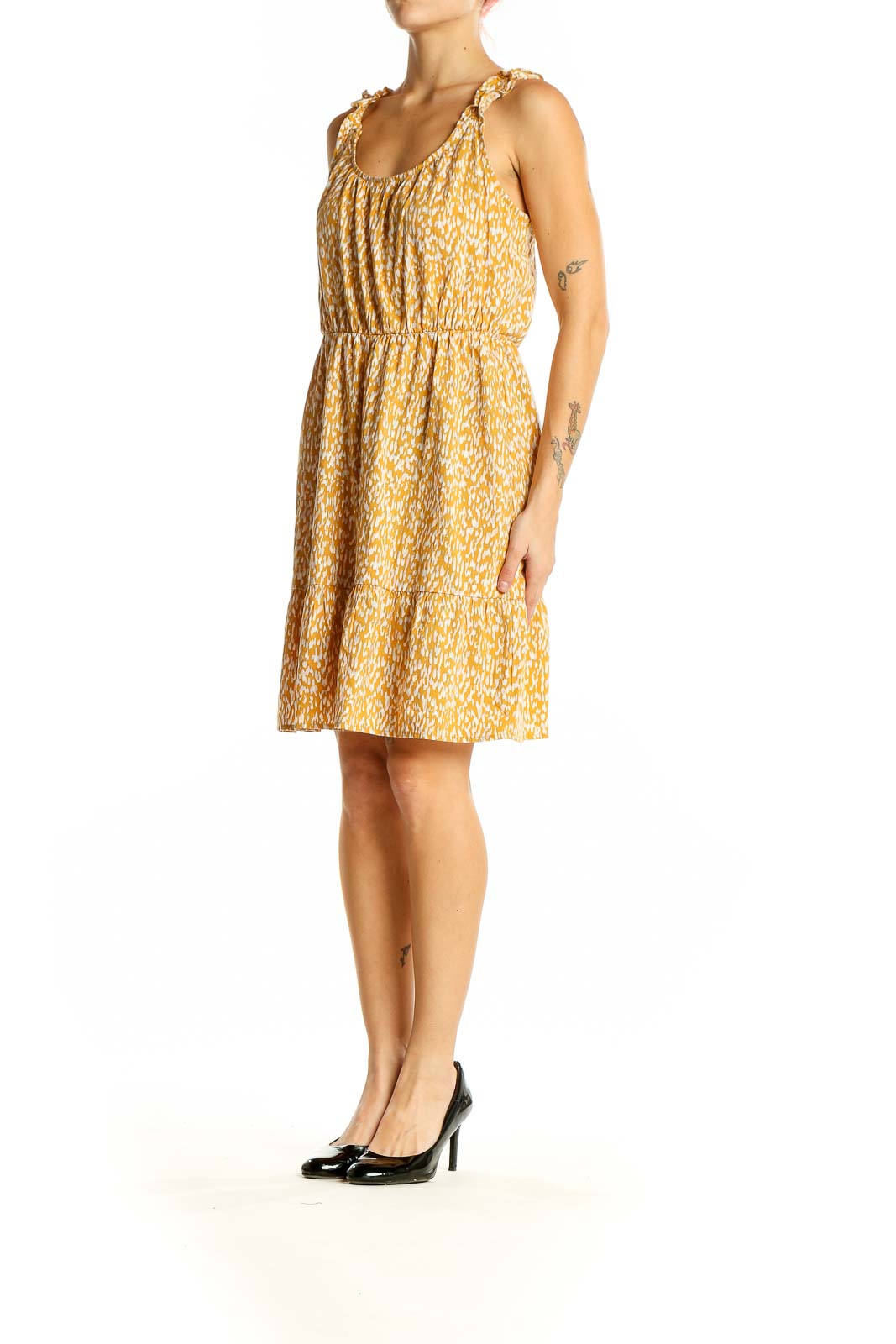 Front view of Banana Republic yellow floral sleeveless summer dress