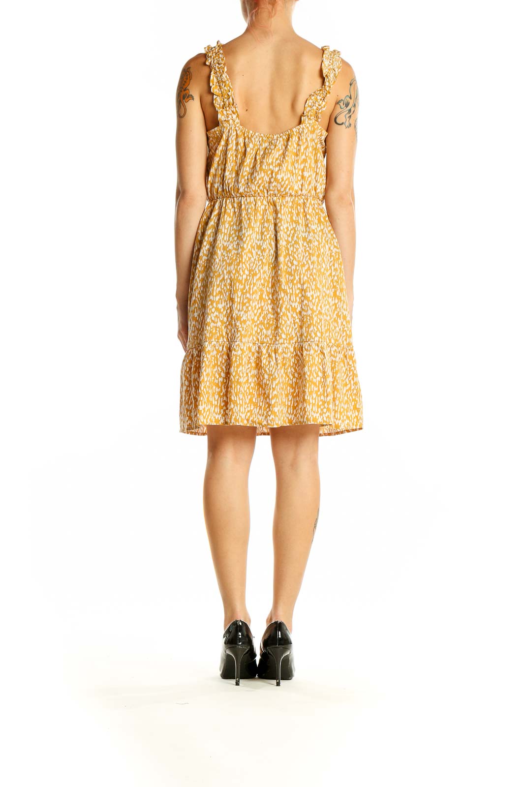 Side view of Banana Republic yellow floral sleeveless summer dress