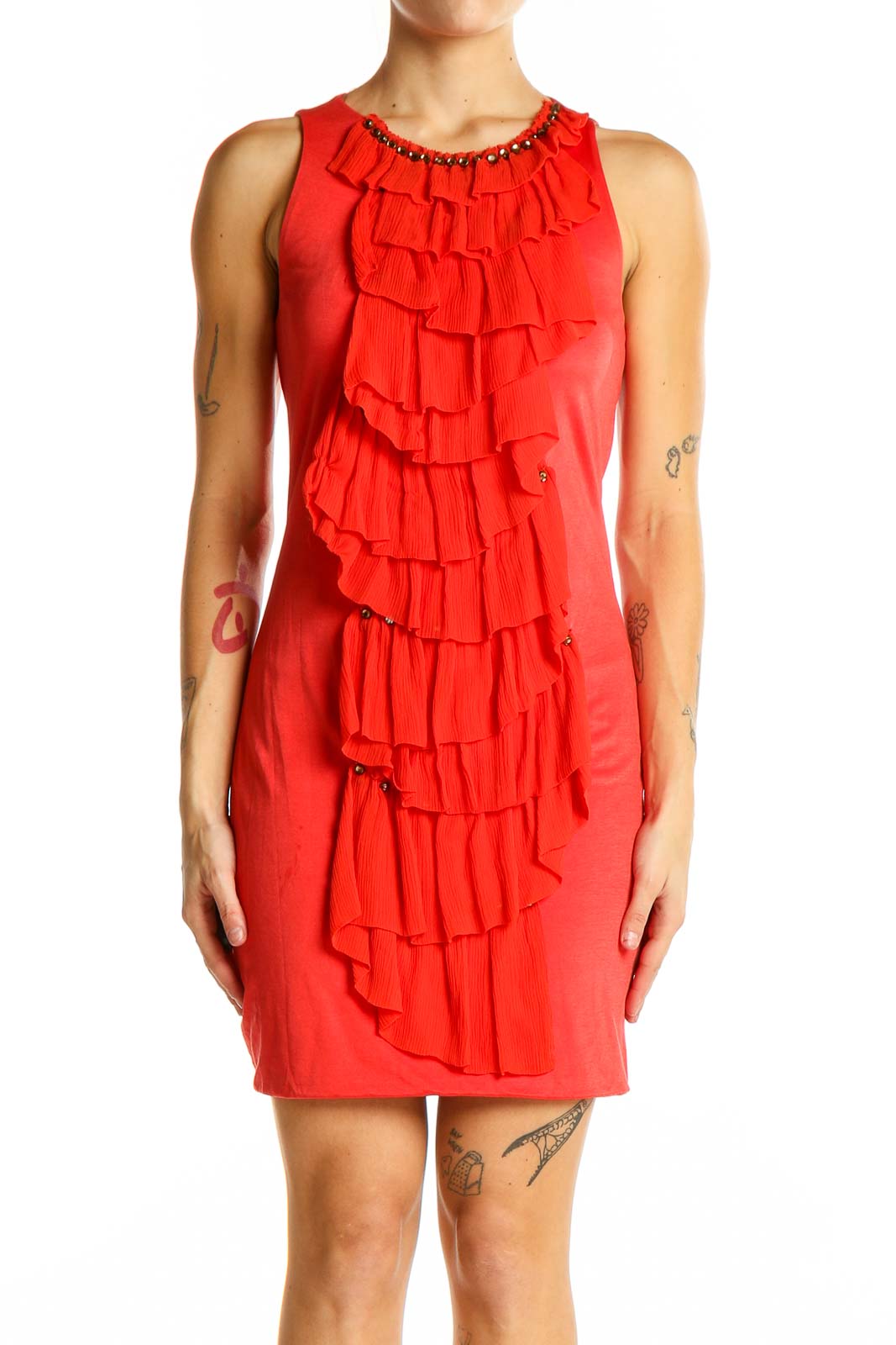 Front view of 3.1 Phillip Lim red ruffled sleeveless cocktail dress