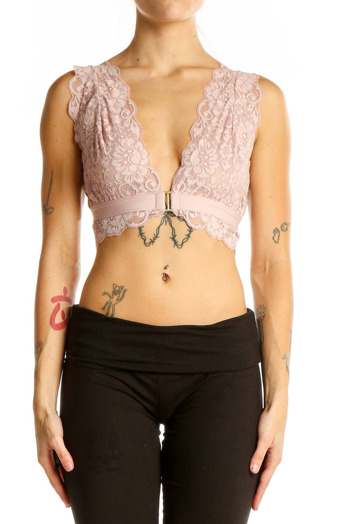 Front view of Hot As Hell pink lace plunge crop top with scalloped edges