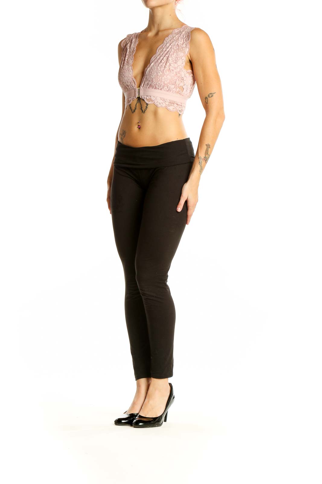 Front view of Hot As Hell pink lace plunge crop top with scalloped edges