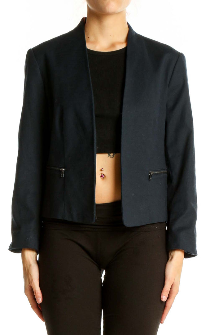 Front view of Ann Taylor navy cropped blazer with open-front design