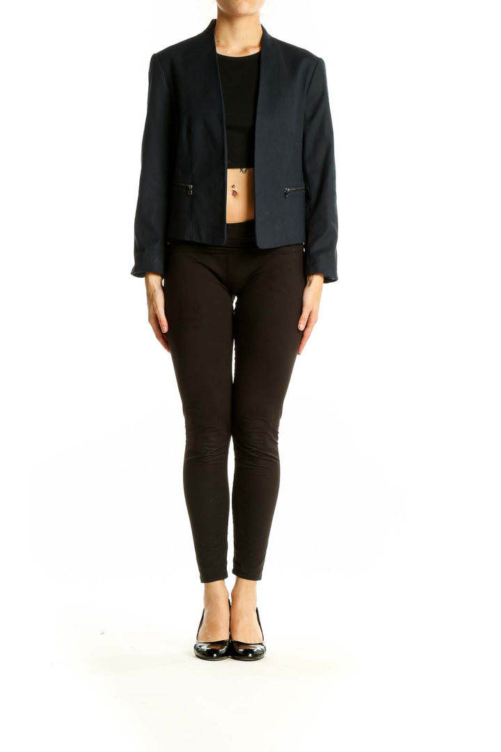 Front view of Ann Taylor navy cropped blazer with open-front design