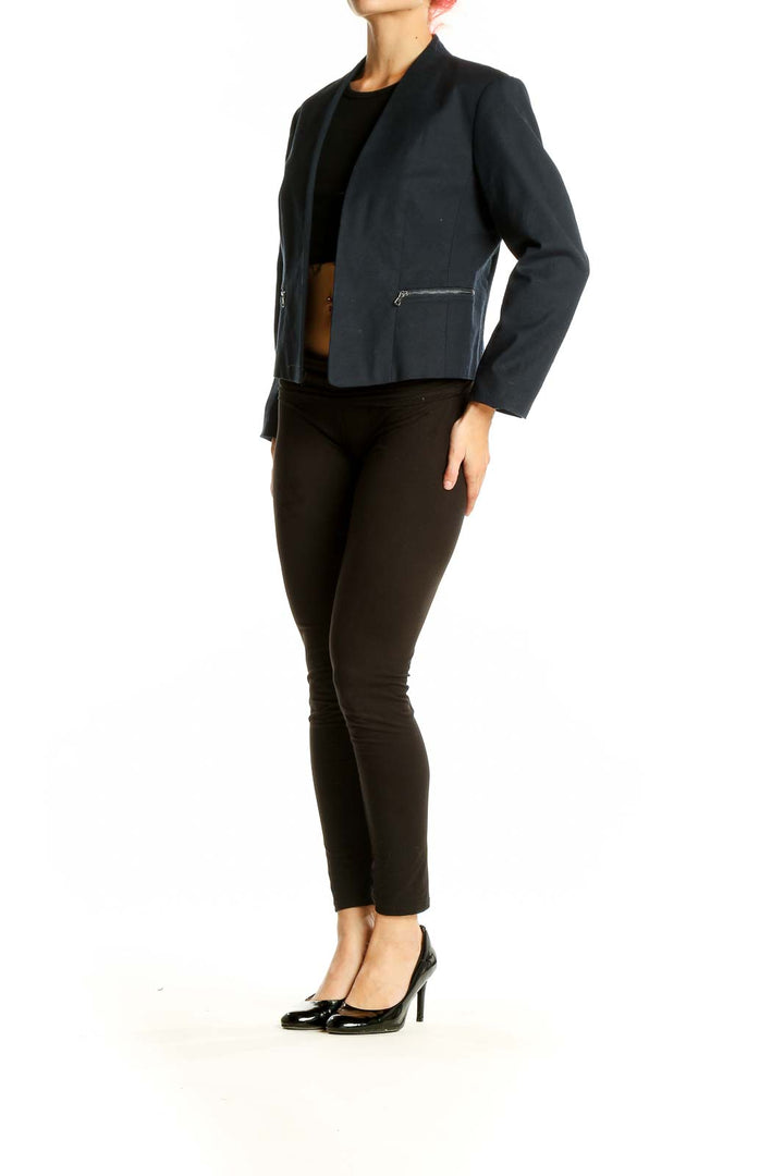 Front view of Ann Taylor navy cropped blazer with open-front design