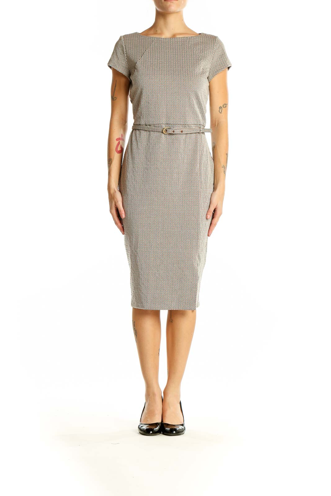 Gray Houndstooth Belted Sheath Dress | Express | Professional Wear