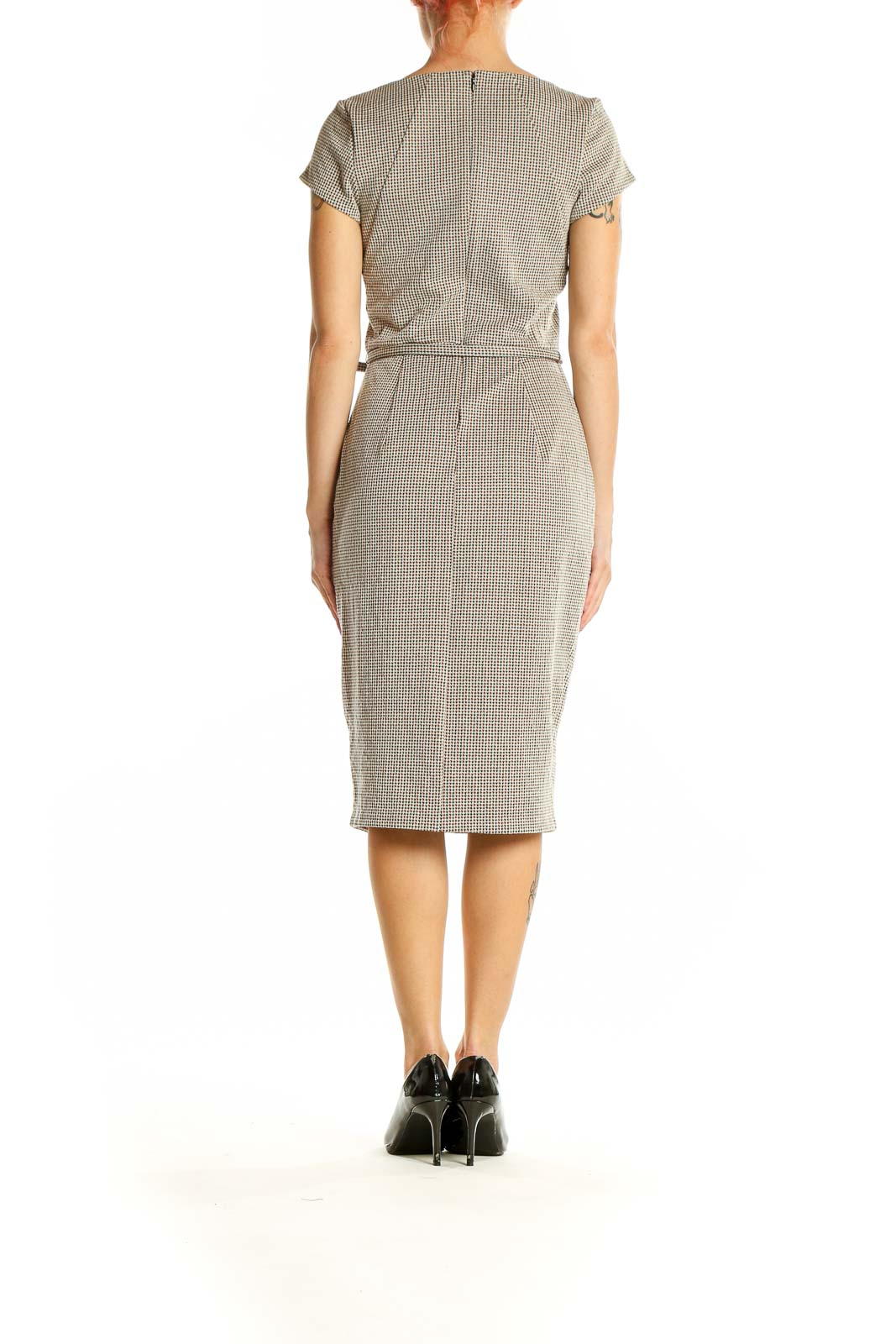 Back view of gray houndstooth belted sheath dress showing fitted silhouette